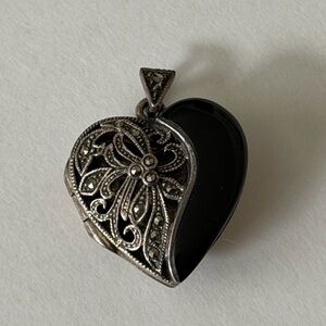 Vintage Onyx and Marcasite Heart Pendant